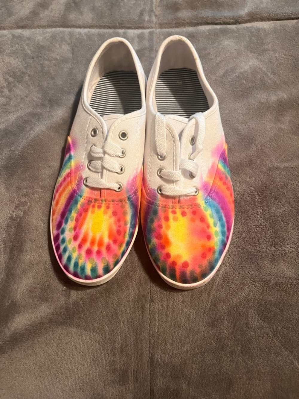 White Canvas Sneakers with Rainbow Tie-Dye Burst size 9W
